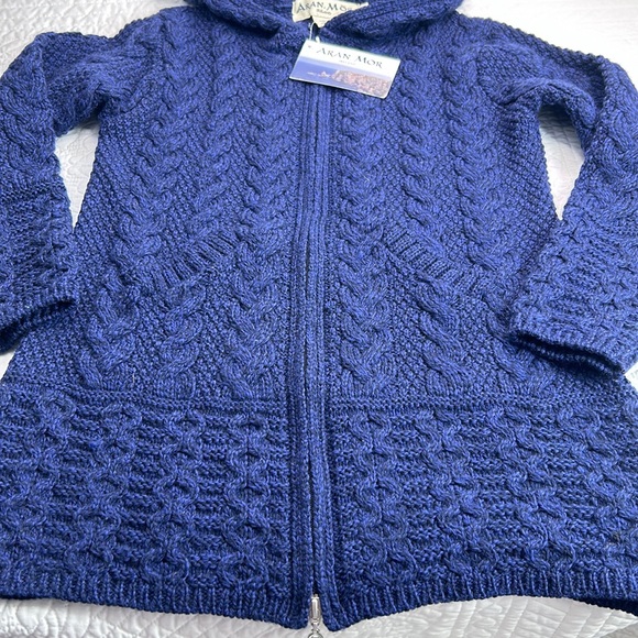 Aran Mor Ireland Galway Marl Blue Zip Up Wool Cable Knit Hooded Jacket/Cardigan - Picture 6 of 11